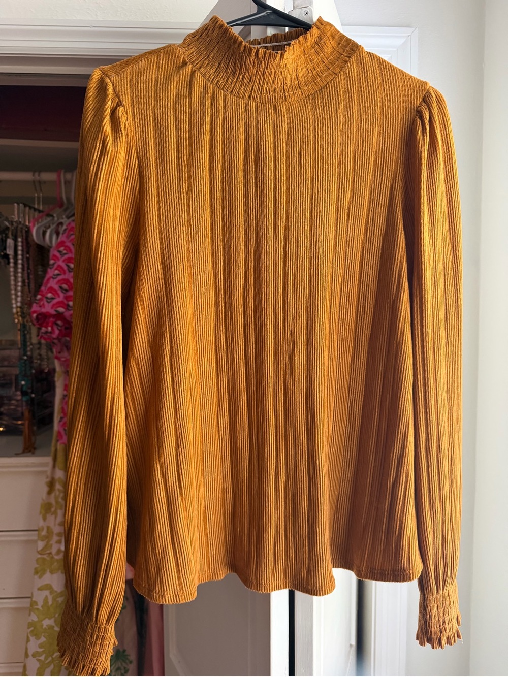 Ces Femme Rust/Brown Pleated Mock Neck Long Sleeve.
